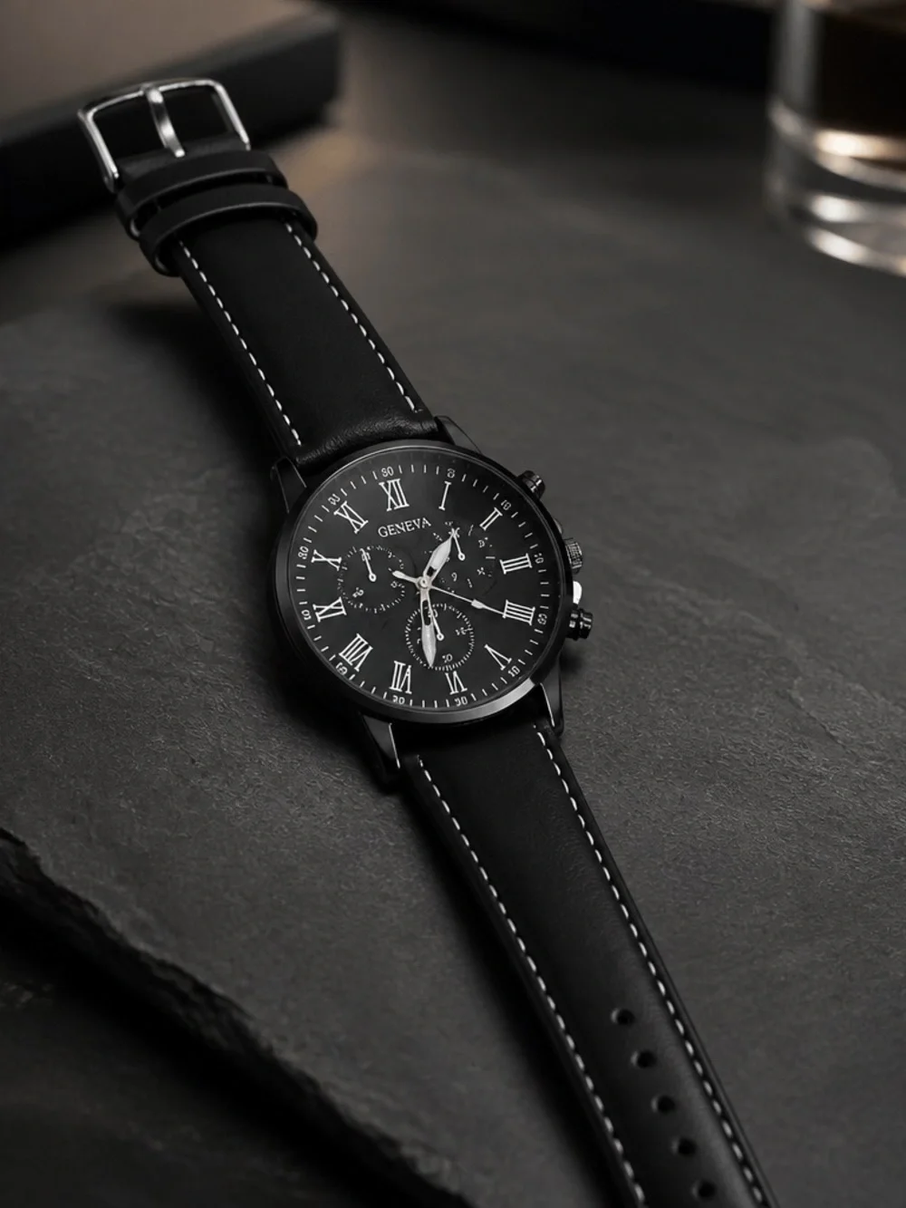 Geneva Sporty Black/ White Stitching Leather Band Black Face Quartz Timepiece